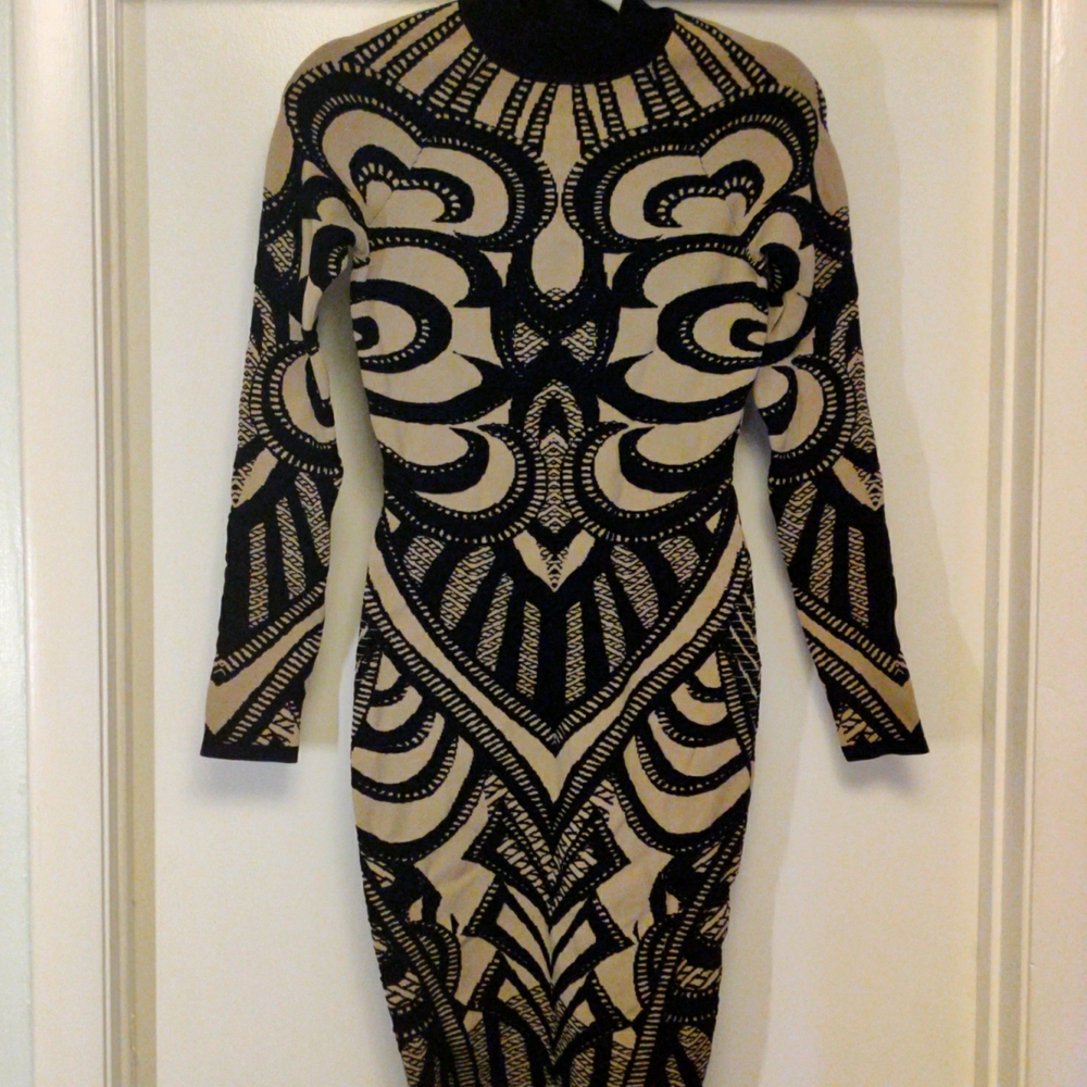 Wow Couture - World of Women - Bodycon Sweater Dress, Black & Beige, Size Small